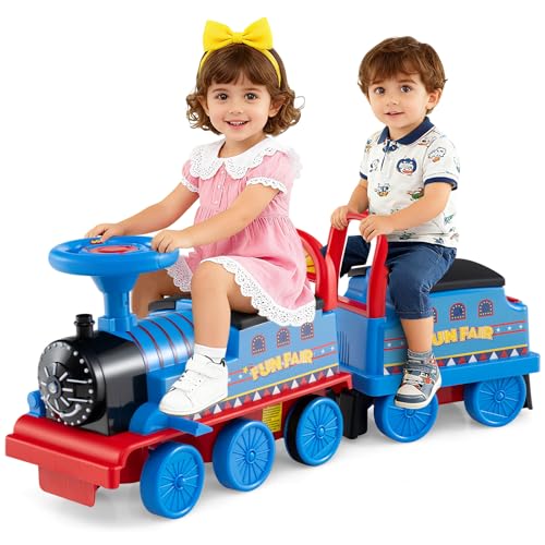 HONEY JOY 2-Seater Ride on Train with Detachable Carriage, Trackless Electric Car for Kids, Under-Seat Storage, Whistle, Music & Colorful Flashing LED Lights, 10-Wheel Toddler Ride On Toy Gift (Blue)