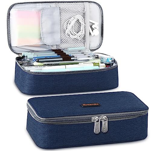 Image of Homecube Capacious Pencil Case Pen Box Makeup Bag Pouch Pencils Holder Large Storage Stationery Box with Zipper School Supplies for College and Office - Navy Blue