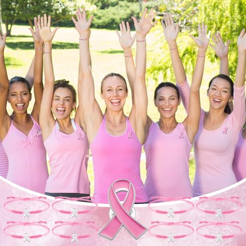 60 Pcs Pink Breast Cancer Awareness Accessories Include 30 Braided Bracelets 30 Ribbon Pins Breast Cancer Awareness Gifts for Women Survivor Jewelry4