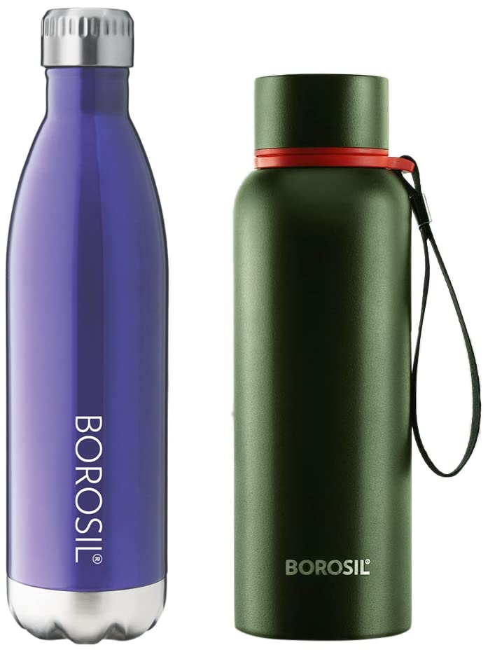 Image of Borosil - Stainless Steel Hydra Trek - Vacuum Insulated Flask Water Bottle, 500 ML, Green & Stainless Steel Hydra Bolt Trans - Vacuum Insulated Flask Water Bottle, Blue, 1L