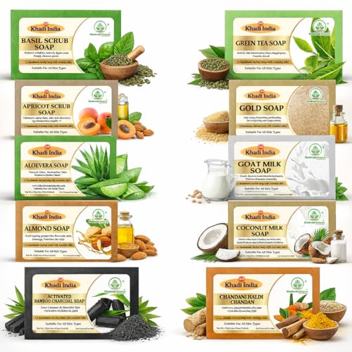 Image of Khadi Organic and Natural Handmade Bathing Soap for Men & Women By Bhudevam Naturals | Assorted Herbal & Chemical-Free Face and Body Soap for Gentle Cleansing & Healthy Skin (Assorted Bathing Soap (Pack of 10))
