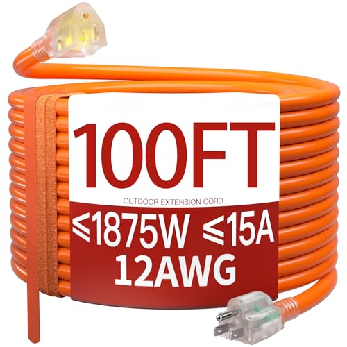 Image of 100 FT 12 Gauge Extension Cord Outdoor, Heavy Duty Weatherproof & Flame Retardant Orange 3 Prong Power Cord with Light, Outside for Lawn & Garden, 15 Amps 1875 Watts 125 VAC 12AWG SJTW, ETL Listed