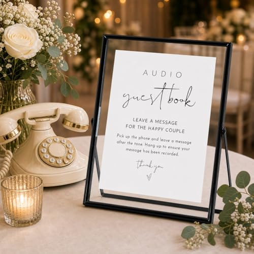 Image of Calculs Audio Guest Book Sign, Black 8x10 Floating Picture Frame | Double glass metal frame, fits 6x8 insert, audio guest book table, reusable tabletop frame for signs and photos