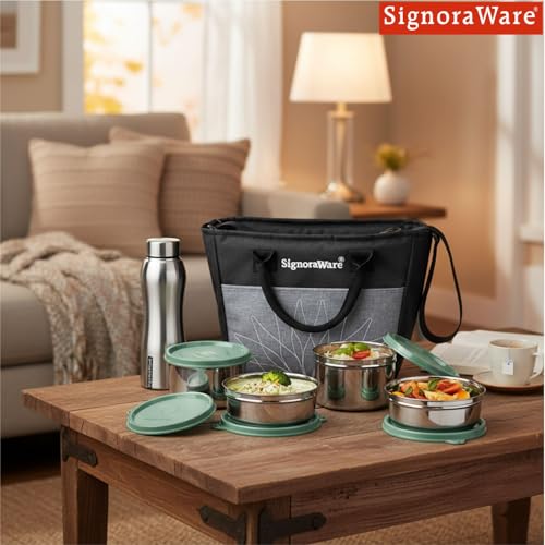 Image of SignoraWare Office Stainless Steel Lunch Box with Bottle | Airtight & Leakproof | Durable | Perfect for Office, School & Outdoor Use (500mlx2 + 380mlx2 + 750ml | Setof5 | EGreen)