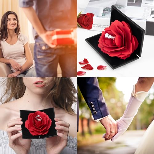 Image of wonuu Engagement Ring Box,Ring Rose Box Surprise Jewelry Storage Holder for Woman as Proposal Engagement Wedding Ring Jewelry Gift ect. (Rhombus Shaped-Black)