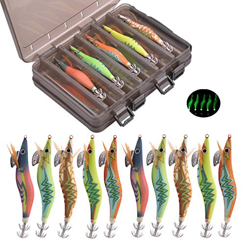 10pcs/Box Fishing Lures Squid Jig Shrimp Artificial Fishing Bait Lures Luminous Glow Body Bionic Bait Octopus Cuttlefish Shrimp (Full Body Glow, 3.0# - 10PCS)