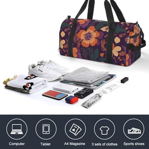 Gym Bag for Men Women Travel Duffle Bag Flowers on Purple Background Carry On Weekender Bag with Shoe Compartment4