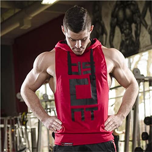 Image of HOT BUTTON Men's Hooded Tank Top | Slim Fit Sleeveless Gym Bodybuilding Stringer | Quick Dry Sports Training Vest Graphic Printed Hoodie for Men