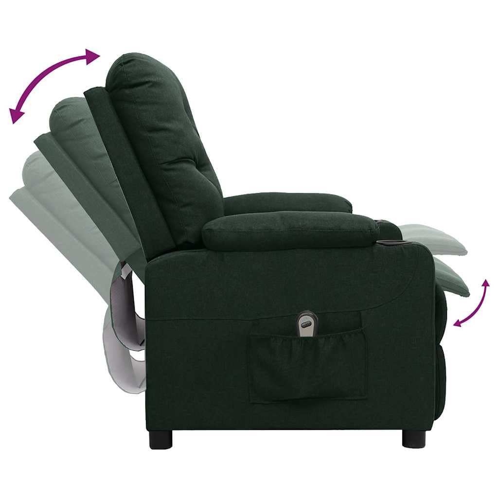 Poltrona relax elettrica in tessuto verde scuro con funzione reclinabile, schienale e poggiapiedi regolabili, design moderno, struttura in legno e metallo resistente, ideale per soggiorno