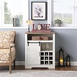 GOAWGO Rustic Farmhouse Storage Cabinet with Sliding Barn Door & Built-in Wine Shelf - Small Space Solution for Kitchen, Living Room, or Dining Area, Antique White+Oak
