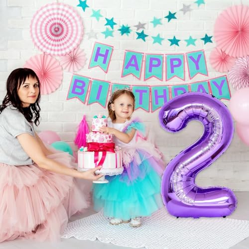 Image of 40 Inch 2nd 20th Birthday Number Balloon, Purple Foil Giant Number 2 Balloons, Self Inflating Number Balloon for Women Happy Birthday Party Anniversary Graduation Party Decoration Girls Kids Supplies
