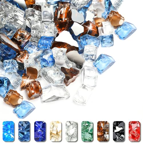 Grisun Fire Glass Mixed Color for Fire Pit - 1/2 Inch 10 Pounds Reflective Tempered Glass Rocks for Natural or Propane Fireplace, Safe for Outdoors and Indoors, Pacific Blue, Copper, Ultra White