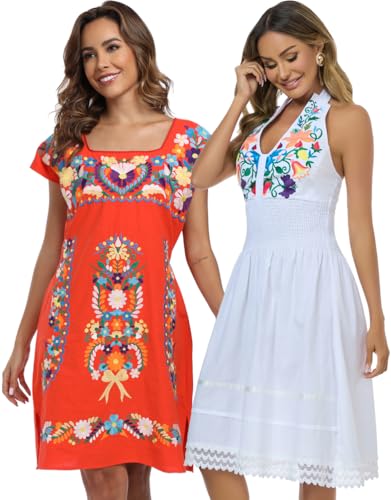 Image of YZXDORWJ Women Mexican Embroidered Dress Ruffle Collar Sleeveless