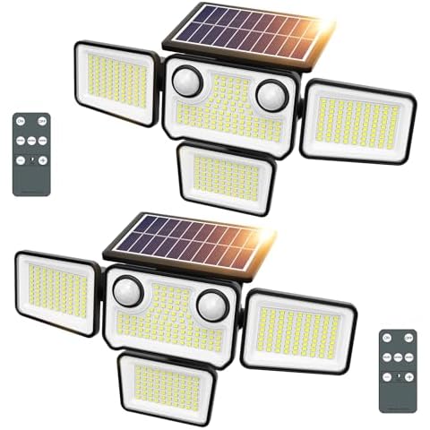 SZPOWER Outdoor Solar Lights for Outside, 324 LED 3000LM Motion Sensor Outdoor Lights Waterproof IP65, 4 Heads Solar Powered Flood Security Light with Remote Control & 3 Mode for House Yard 2 Pack Cover