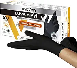 Luva Preta Vinil Nitrílica Hipoalergênica Sem Pó Nivyl Descartável - Inoven (M)