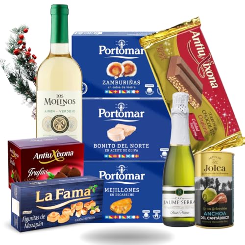 Familycom. Cesta San Valentin Gourmet. Surtido con Chocolates originales de regalo. Lote con Turrones, Trufas, Zamburiñas, Mejillones, Bonito del Norte, aceitunas. Vino y Champagne.