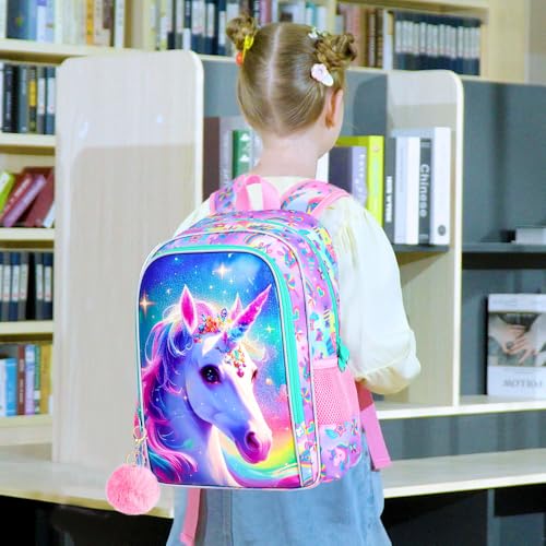 3PCS Girls Unicorn Backpack, 16" Kids Bookbag with Lunch Box, Water Resistant Elementary School Bag for Preschool Toddler2