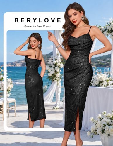 Image of BeryLove Summer Sequin Cocktail Prom Wedding Guest Dresses Sparkly Party Evening Formal Spaghetti Strap Dress