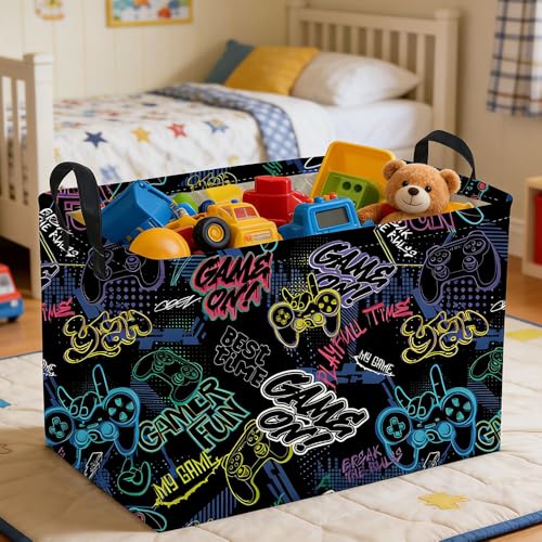 Image of Rectangular Kids Baskets,Waterproof Foldable Storage Basket with Handles,Games Basket,Boys Room DecorGame Storage Bin,Shelf Baskets(Cool Game)