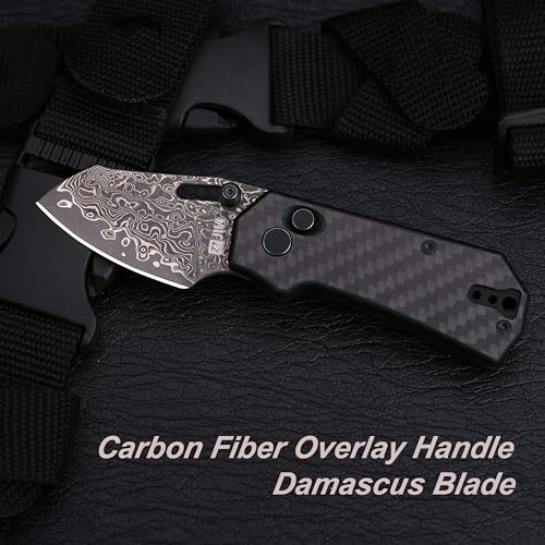Image of JIN Rhino Small Pocket Knife for Men, Button Lock EDC, DIY Folding Knife Kit, 2 inch Damascus Stonewash Blade, Carbon Fiber Overlay Handle