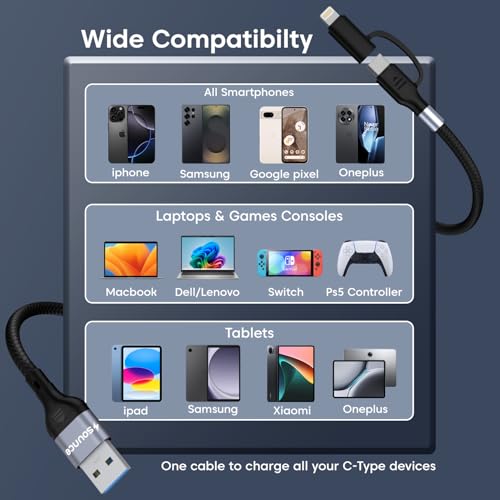 Image of Sounce 4-in-1 Fast Charging Cable USB-A to Type-C & Lightning, 60W /3A PD Power Delivery, 480Mbps Data Transfer, Swappable Charging Heads, Universal Multi-Device Compatibility Black (1.5m)