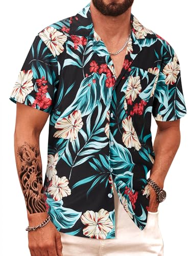 APTRO Herren Hawaiihemd Kurzarm Schwarz Blumen F208 L