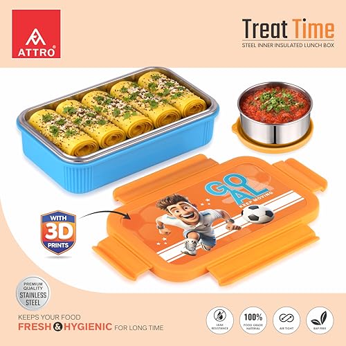 Image of ATTRO Treat Time Stainless Steel Insulated Lunch Box with Inner Steel Body, Airtight 4-Side Lock Lid, Leakproof Silicone Seal, Small Container-560ml+150ml-Football Champ Blue