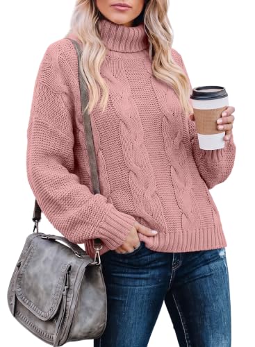Dokotoo Womens Sweaters Turtleneck Cable Knit Chunky Fall Outfits Pink M
