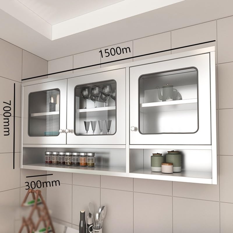 Moderno armario de pared de acero inoxidable con doble puerta, estantes ajustables para cocina, baño, sala de estar, solución de almacenamiento montada en la pared, elegante acabado plateado, 150 x 30