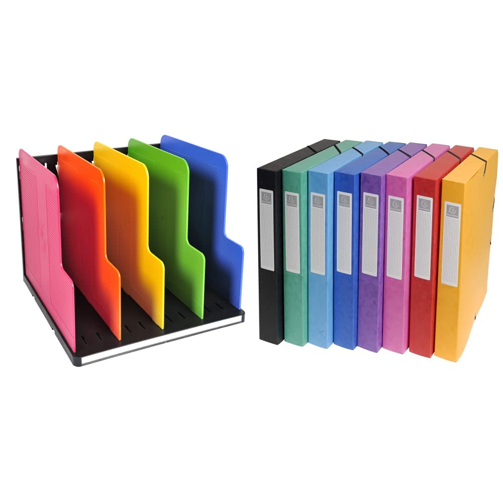 EXACOMPTA Trieur vertical ModuloTop + 5 intercalaires Iderama Noir/Arlequin & Réf. 50300E - 8 boîtes de classement à élastiques Exabox - Dos 25 mm - format 25x33 cm pour documents A4 - carte lustrée