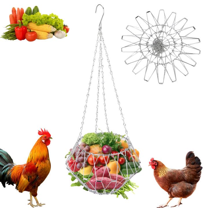 Hanging Chicken Feeder Accessories, 9.2in Foldable Chicken Balls Cage for Outside, Coop Vegetable Treat Holder,Treat Dispenser Basket with Chain for Hens/Duck/Rabbits' Coop Farm House (1PCS)