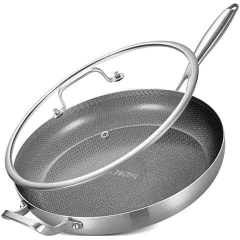 Inqibee 14-Inch Tri-Ply Hybrid Ceramic Nonstick Stainless Steel Frying Pan with Lid,Large Skillet,Induction Chef's Cooking Pan,Dishwasher and Oven Safe,Detachable Handle. Cover