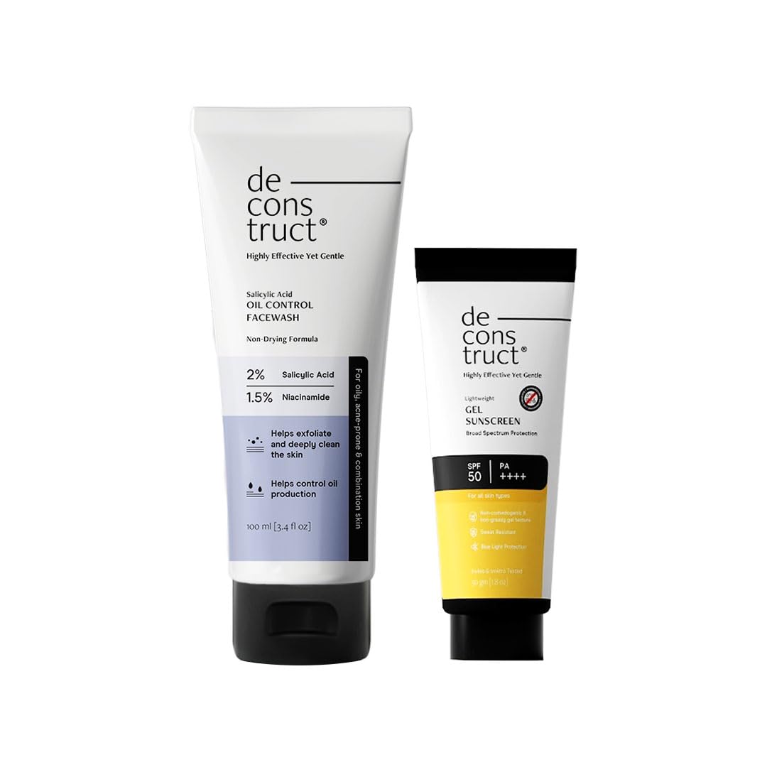 Deconstruct Oily Skin Essentials Salicylic Oil Control Face Wash with Niacinamide & SPF 50+ Gel Sunscreen | Oil Control Facewash (100ml) & Gel Sun Screen (50g) | No White Cast Sunscreen