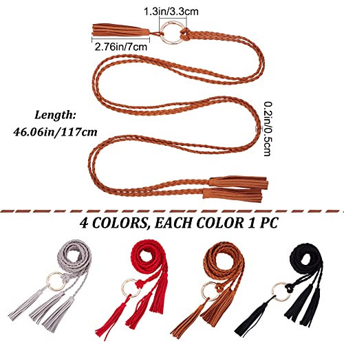 GORGECRAFT 4Pcs Leather Braided Chain Belts Tassel Thin Braided Strap Fashion Women's Belts with Ring Knotted Buckle Red Grey Black Brown Double Tassel Waist Rope Belt for Skirt Dresses Pants2