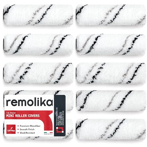 Remolika 10-Pack 4 Inches Mini Paint Roller Covers for Smooth and Lint-Free Finish - 3/8 Nap - Made in Italy - Premium Microfiber Roller Naps for All Paints and Stains