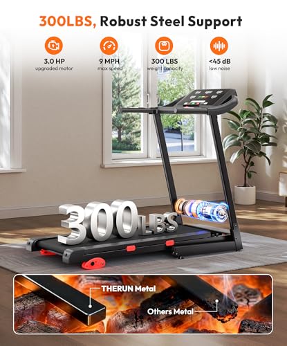 Image of THERUN Home Treadmill with Incline 15% Auto Adjust, 3.0 HP Treadmill with LED Strip, Heart Rate Monitoring Incline,16.5 inch Wider Running Belt