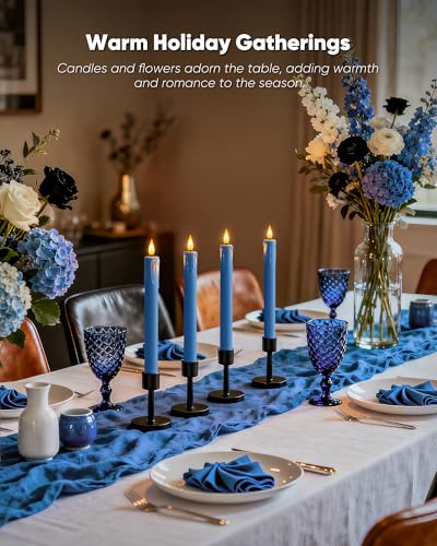 Image of Homemory 3 Pcs Waxy Blue Flameless Taper Candles with Remote Timer, LED Fake Candlesticks, 9.6 Inches Battery Tall Candle with 3D Flickering Flame for Wedding, Dinner, Christmas Anniversary Decor