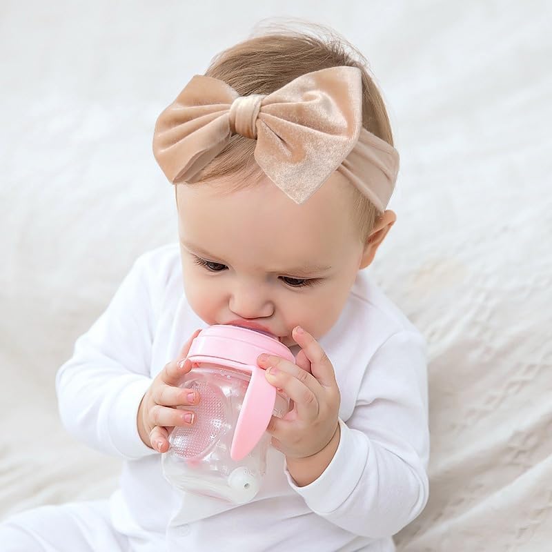 Miniatura 5 de 3 diademas para bebé, lazos de terciopelo para bebé, recién nacidas, hechas a mano, elásticos para el cabello, para bebés, bebés, bebés, beige, rosa