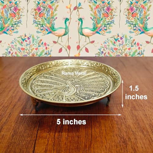 RAMA METAL Brass MUKALI Stand | Peacock Stool | Pooja CHOWKI Figurine (2 Piece, Yellow, Small)