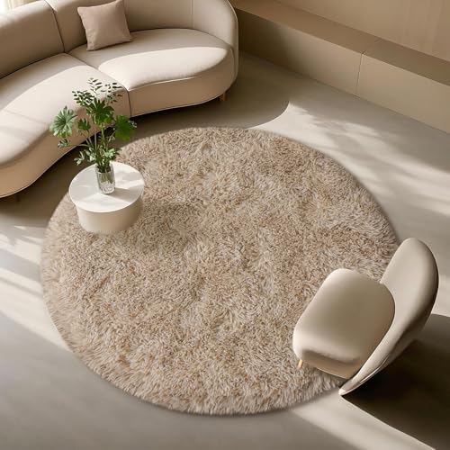 Beige Round Rugs for Bedroom 4x4 ft - Ultra Soft Faux Fur Area Rug - Plush Non-Slip Shaggy Carpet for Living Room, Cozy Fluffy Rug for Kids Boys Girls Dorm Nursery Room, High Pile Floor Carpet