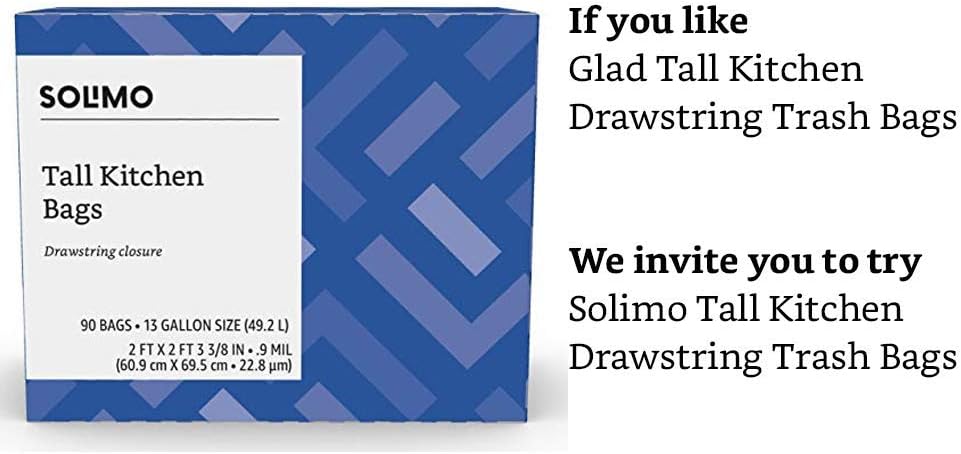 Amazon Brand - Solimo Tall Kitchen Drawstring Trash Bags, 13 Gallon, 90 Count