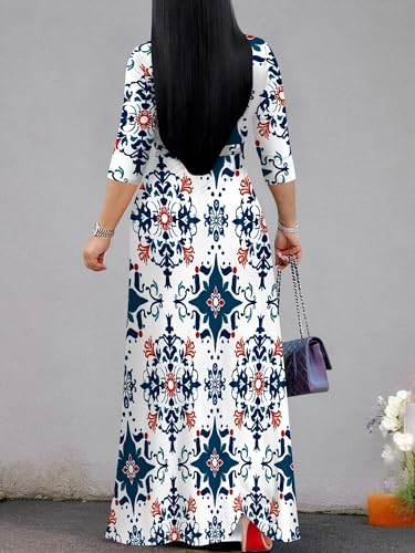 Image of PinkPatty Plus Size Maxi Dress for Women Casual V Neck 3 /4 Sleeve Boho Printed Long Dress with Pockets