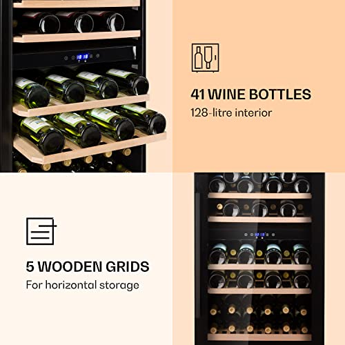 Klarstein Lodówka na wino, wąska, 2-strefowa lodówka ze szklanymi drzwiami, wolnostojąca, mała lodówka na wino z ochroną UV, 5-22°C, 29 butelek