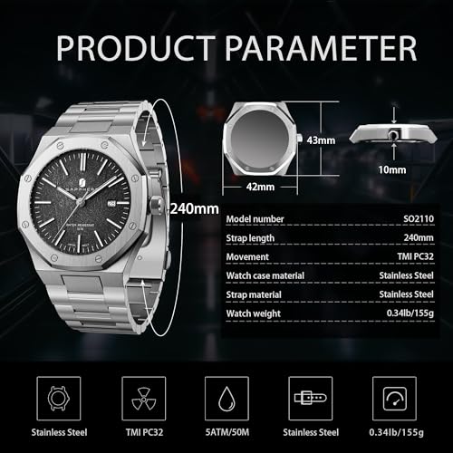 Image of Sapphero Watches for Men Waterproof Luminous Watches with Date Dial Chronograph Analog Quartz Movement Steel Stainless Business Wrist Watches Mens Gifts