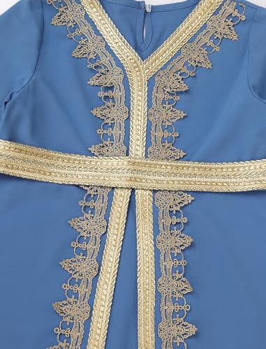 OBEEII Girls Muslim Ramadan Abaya Kids Long Sleeve V Neck Lace Prayer Dress Middle East Arabic Kaftan Dress with Belt4