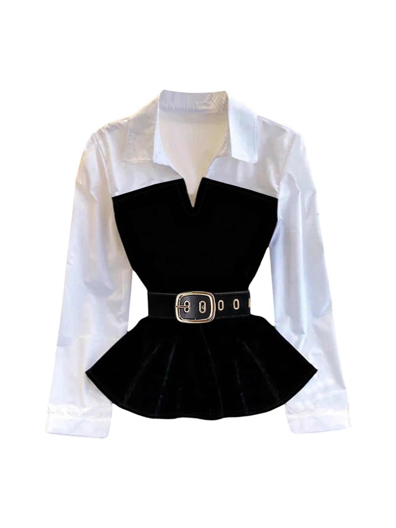 Floerns Womens Elegant Colorblock Long Sleeve Shirts Collared Office Work Blouse Top with Belt