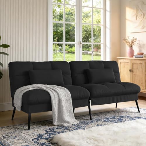 COMHOMA 72″Futon Sofa Bed,Modern Convertible Sleeper Sofa, Fabric Futon Couch with Multi-Position Backrest for Living Room Furniture(Black)