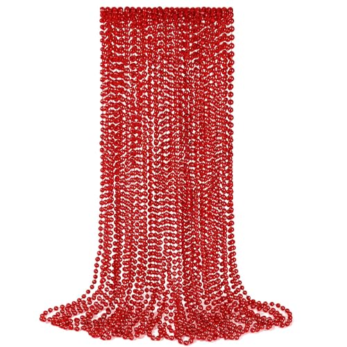 YAXINRUI 12 PCS Red Bead Necklaces Christmas Mardi Gras Bead Necklaces Red Valentine Necklace 33 Inch 7 mm Round Beaded Necklaces for Mardi Gras Christmas Valentine Festive Events Party Favors