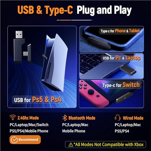 Ozeino Wireless Gaming Headset for PC, Ps5, Ps4-2.4GHz Lossless Audio USB & Type-C Ultra Stable Gaming Headphones with 40Hr Battery Gamer Headset, Flip Microphone for Switch, Laptop, Mobile, Mac - Image 7