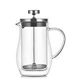 Grkoo 二層フレンチプレスポット ガラスコーヒーポット 二層断熱コーヒー器具 家庭用フィルターシェアポット カラーガラスポット コーヒーポット (透明色,600ML)